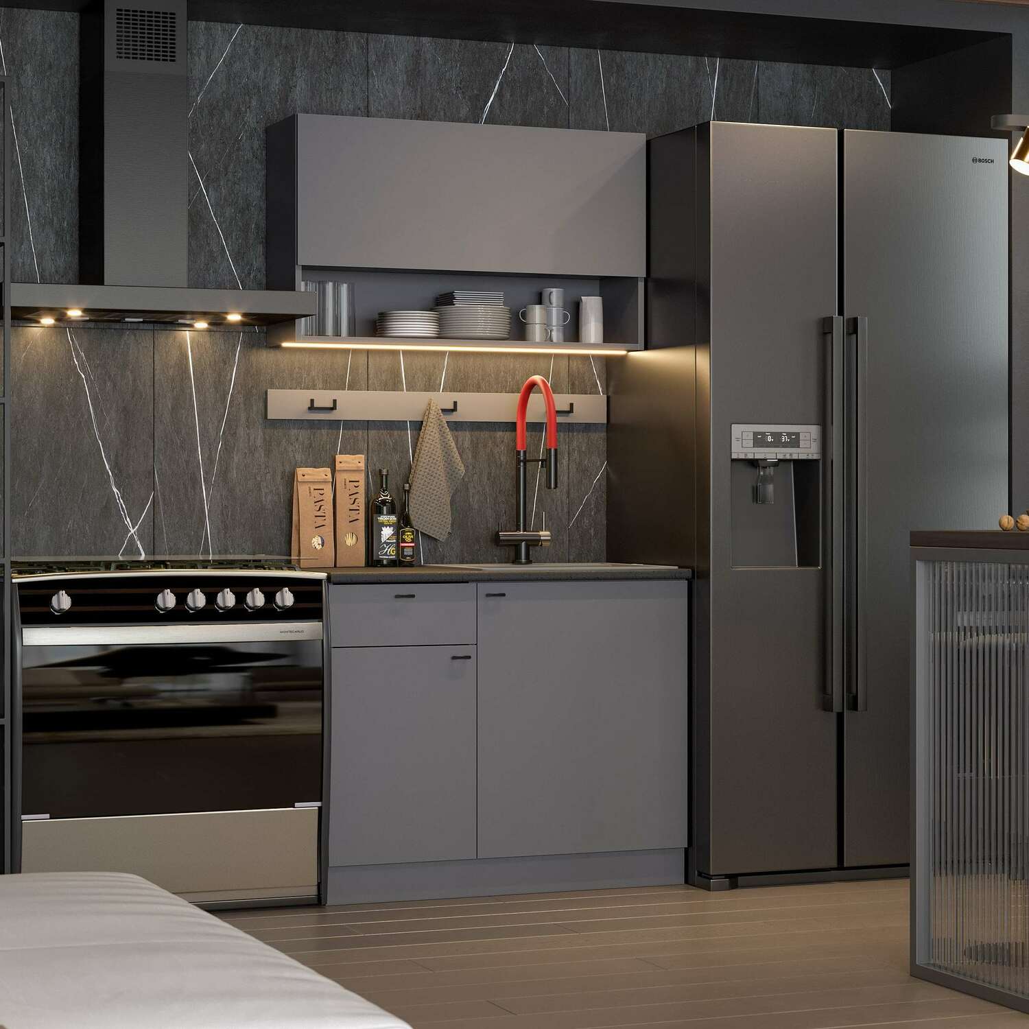 Кухонный гарнитур "Энни" (1,0 м) графит серый/черный